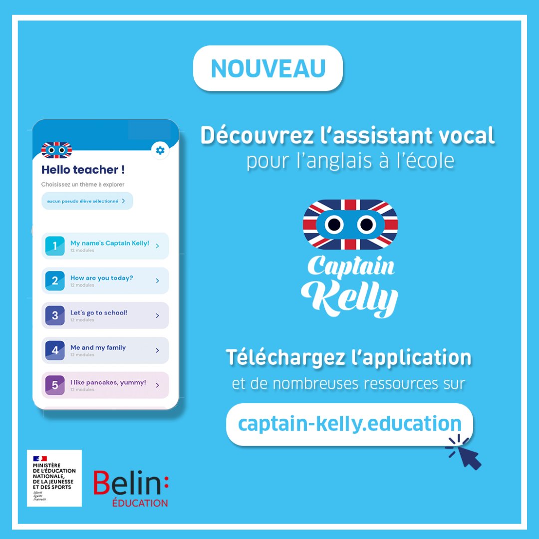 BelinEducation's tweet photo. 🇬🇧Cet été, parlez de vos loisirs avec Captain Kelly !
Quel est votre programme pour cet été ? Un bon roman ou une partie de basket ?
Tout savoir sur l’application Captain Kelly https://t.co/iZ9EGSgUpE
#captainkelly @education_gouv https://t.co/aS2smzUuL4