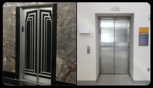 FigmaRed's tweet photo. @culturaltutor Your problem it's minimalism, not usability vs design. For example, these two elevators have the same usability, but one has a marble facade and sticker on the door and the other does not, probably for saving cost, but that doesn't mean that usability destroyed the design. https://t.co/vJpet7ZvHn