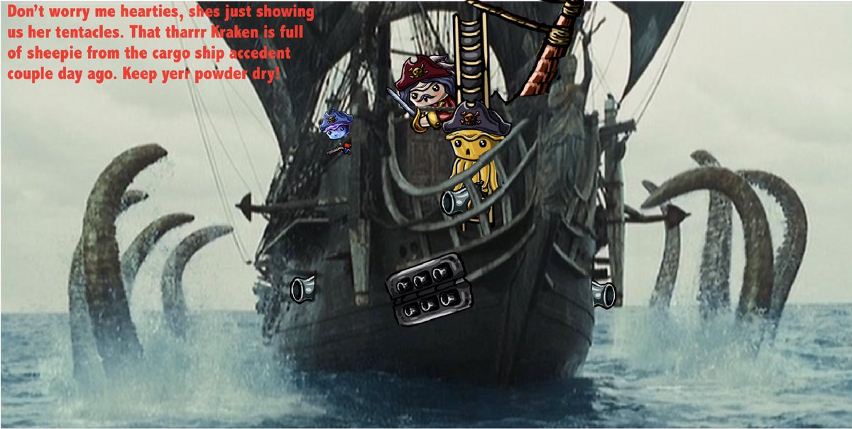 CapietainCook's tweet photo. @pielandnews @PielandNFT The Piephoon has the Kraken on the prowl. We just knocked on her door. This is piefect timing as the sheepie spill has provided a rather over stuff Kraken. We sail very carefully past her dining room. Pieclones in the area as well. Love to be #Pierate #Pirate so fun! https://t.co/MG0ntsMkuO