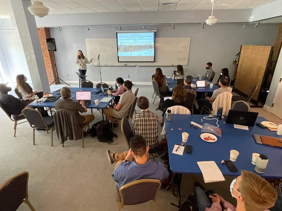 BigCzcn's tweet photo. With coffee cups holding a few last sips and wrappers from bite-sized chocolates scattered on the tables, @crpiske and @ecseybold were among those who described their approaches to studying #ComplexSystems in and between snow, soil, and water. https://t.co/uhGcn1ln5u