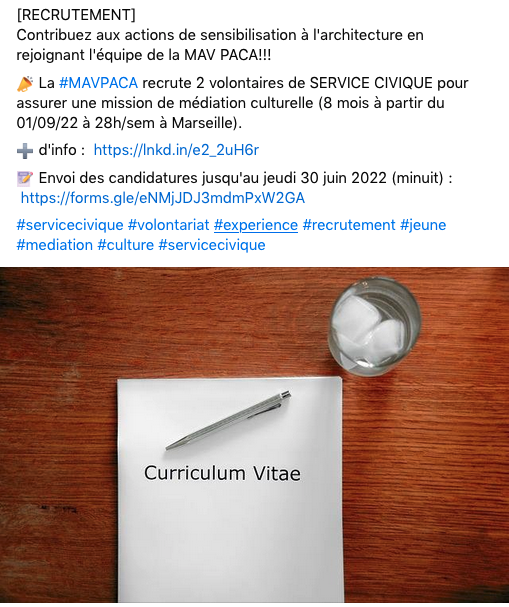 RECRUTEMENT de la MAV PACA : 2 volontaires de SERVICE CIVIQUE en MEDIATION CULTURELLE

➕ d'info :  lnkd.in/e2_2uH6r

📝 Envoi des candidatures jusqu'au jeudi 30 juin 2022 (minuit) :
 forms.gle/eNMjJDJ3mdmPxW… 

#servicecivique #volontariat #recrutement #mediation #culture