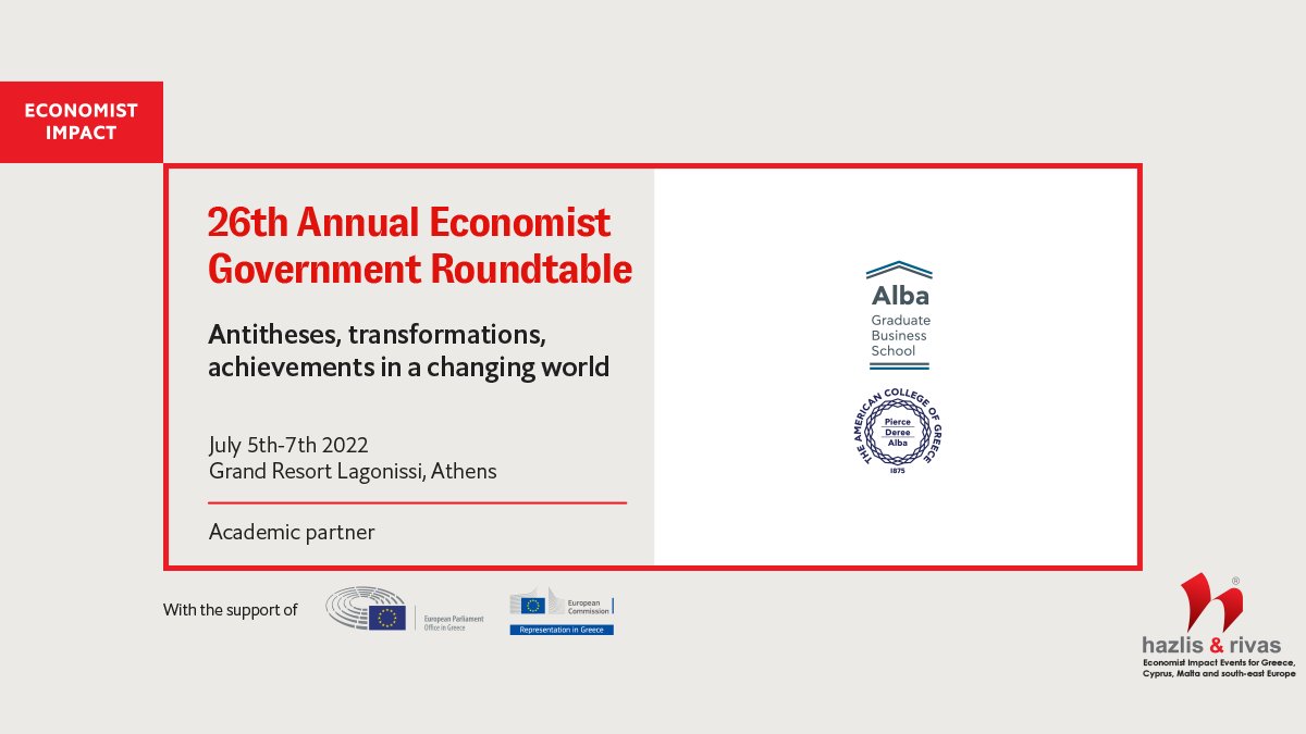 Economist Impact SE Europe Events (@economist_seur) on Twitter photo It is a great pleasure to welcome <a href="/ALBA_edu/">Alba Graduate Business School</a> as our Academic Partner in the 26th Annual Economist Government Roundtable that will take place on July 5th โ 7th, 2022 at Grand Resort Lagonissi in Athens.
#EconRoundtableGR It is a great pleasure to welcome <a href="/ALBA_edu/">Alba Graduate Business School</a> as our Academic Partner in the 26th Annual Economist Government Roundtable that will take place on July 5th โ 7th, 2022 at Grand Resort Lagonissi in Athens.
#EconRoundtableGR