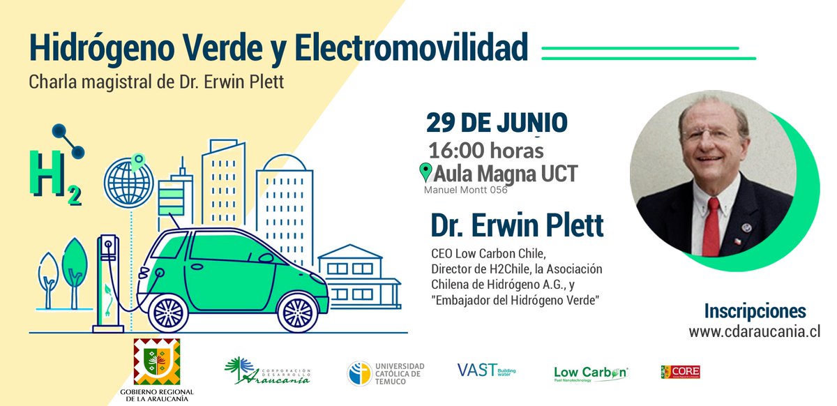 DIRITT_UCTemuco's tweet photo. Estimada comunidad universitaria:
Invitamos a todas y todos a participar de la charla magistral: "Hidrógeno Verde y Electromovilidad" para inscribirse debe ingresar a https://t.co/F1dKwmnDS2 https://t.co/ya7CDENi6n