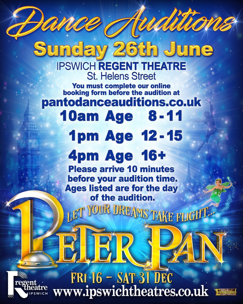 Calling all IPSWICH dancers!! 💃🕺 Don't miss our PETER PAN pantomime dance auditions taking place this Sunday 26th June @IpswichRegent See poster below for audition times... Dancers auditioning need to register at: pantodanceauditions.co.uk See you all there and good luck! 🍀🤩