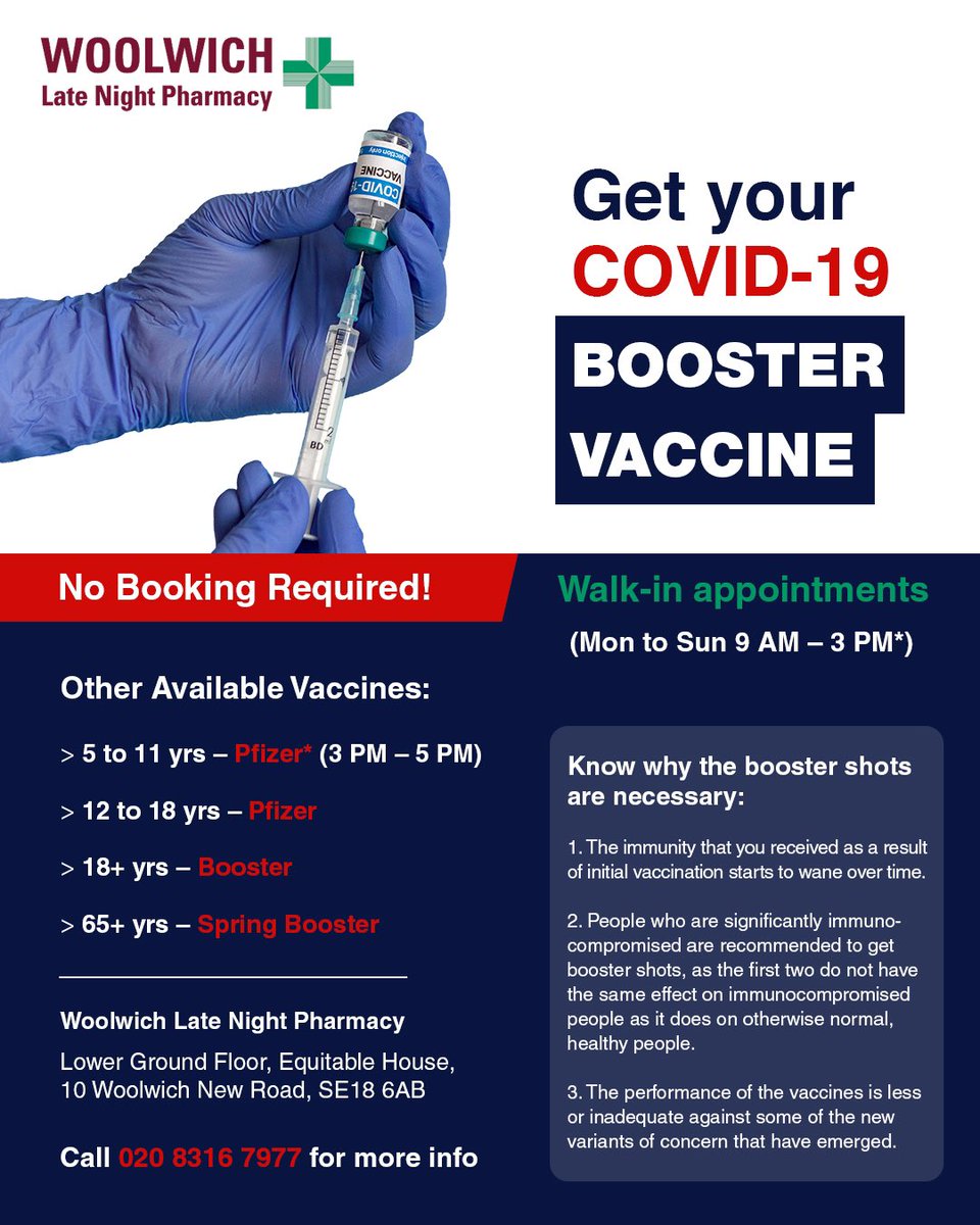 Next week’s the final week you can grab a Covid jab at <a href="/WoolwichLNP/">Woolwich Late Night Pharmacy</a>, so please come in, and stay protected against the severe to even, in some cases, fatal symptoms of Covid-19 #CovidVaccine