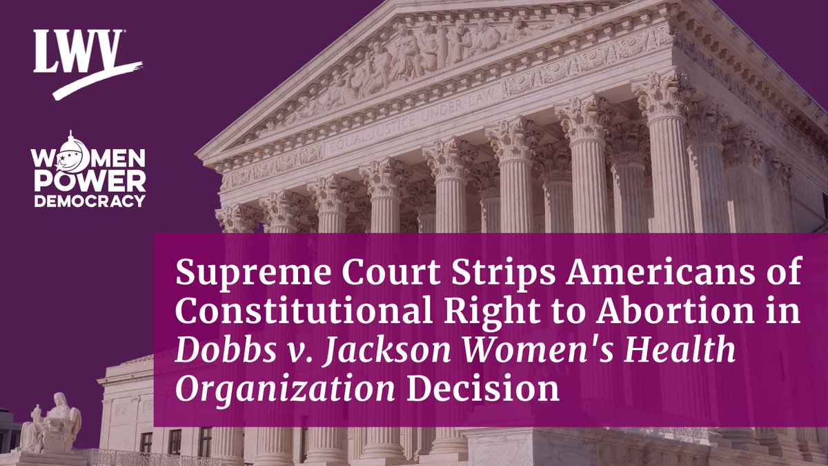 LWV's tweet photo. “Today’s ruling strips women &amp; those who may become pregnant of their bodily autonomy &amp; will have devastating — &amp; immediate — consequences across the country." 
The following statement is from LWV board president, Dr. Deborah Turner &amp; CEO, @KaseVirginia: https://t.co/pJY9pcB6Li https://t.co/LpVKW8pPba