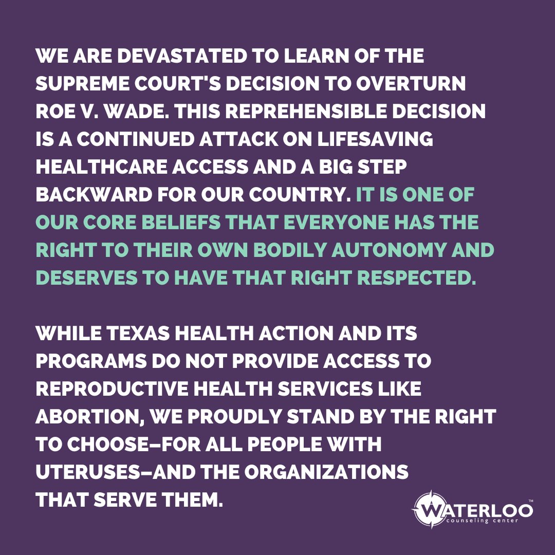 WaterlooCounsel's tweet image. We are devastated to learn of the Supreme Court's decision to overturn Roe v. Wade. It is one of our core beliefs that everyone has the right to their own bodily autonomy and deserves to have that right respected.