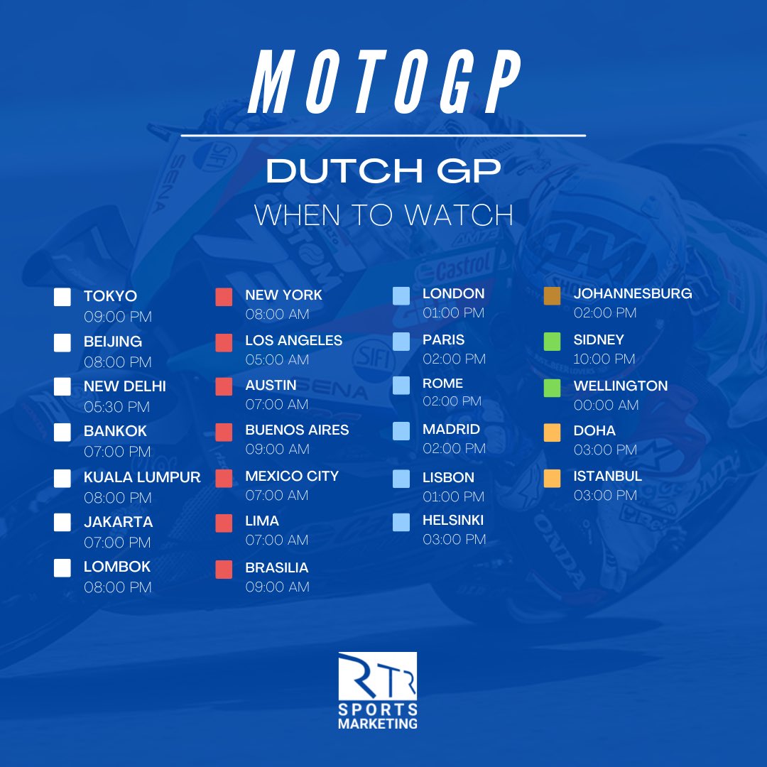rtrsports's tweet photo. Don’t miss out @MotoGP this weekend!
Check our timetable and enjoy your race, planned for June 26th.
Are you ready?
#WhenToWatch #DutchGP #MotoGP https://t.co/V6atmFH5YE