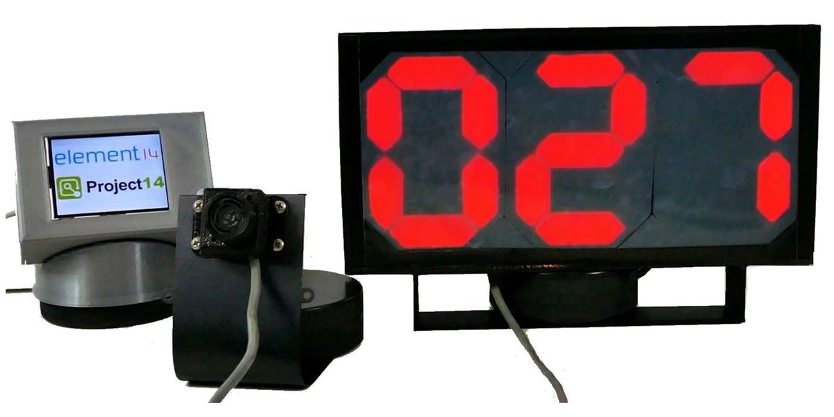 E14Community's tweet photo. The Pico Parker displays the distance from the Maxbotix ultrasonic transducer to the nearest object in cm: https://t.co/pcQG8VQuTJ #Project14 #7SegmentDisplay https://t.co/yzTVxDnCja