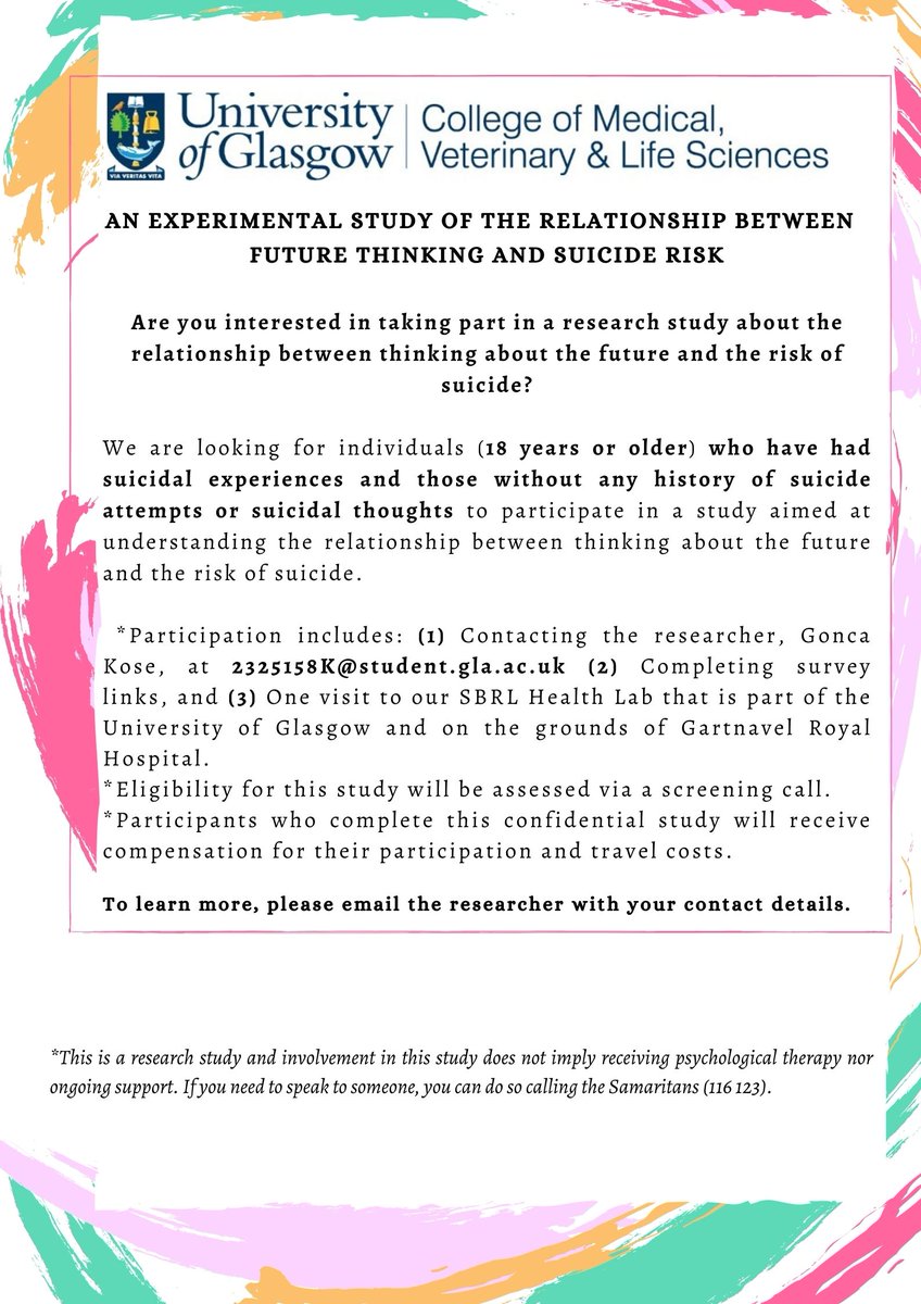 We are now recruiting participants for our study that aims to enhance our understanding of the relationship between cognition and suicide risk.

Retweets are appreciated!😊

Please see the poster or click the link below for more details👇

suicideresearch.info/2022/06/16/an-…