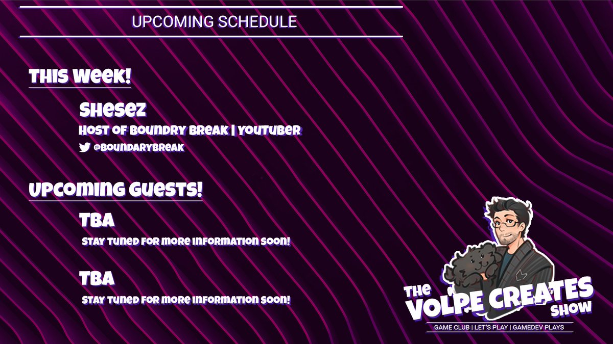This week I'm excited to have <a href="/BoundaryBreak/">Shesez (Boundary Break)</a> join us for The Volpe Creates Show. I've been a fan for awhile and I'm excited to talk to him about how he got started and the cool things he's found behind the scenes of his favorite games.

Today at 1pm EST at twitch.tv/volpecreates