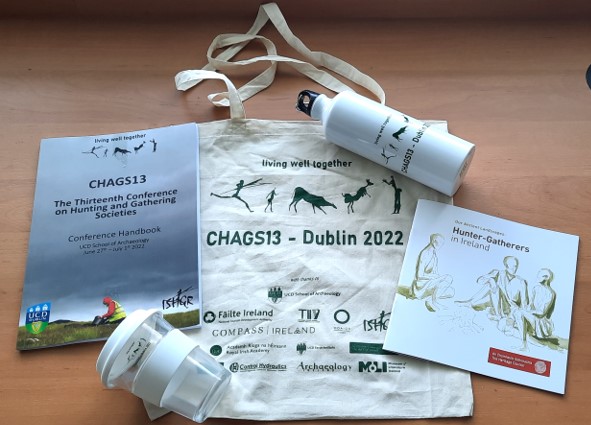 Gathering contents for conference packs... The reusable mugs and bottles are an attempt to limit use of one-off containers, organic cotton for bags and t-shirts. Summary conference handbook with links to abstracts on line avoids too much printing. Lovely Mesolithic booklet...