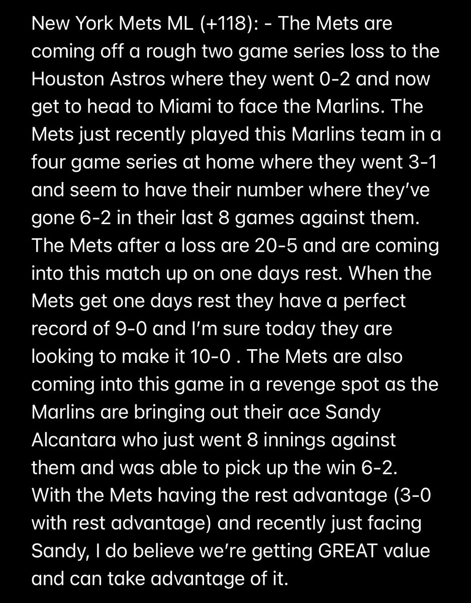 JonesyTrendz's tweet image. New York Mets ML (+118): - Good morning #GamblingTwitter and happy Friday 🙌🏽 Let’s make this another profitable day and kill these books 🔥🔥I’m loving all the trends that are backing the Mets to take this one. BOL if you’re tailing 🙏🏽 Write up below ⬇️ LETS RIDE 🚀  #MLBTwitter