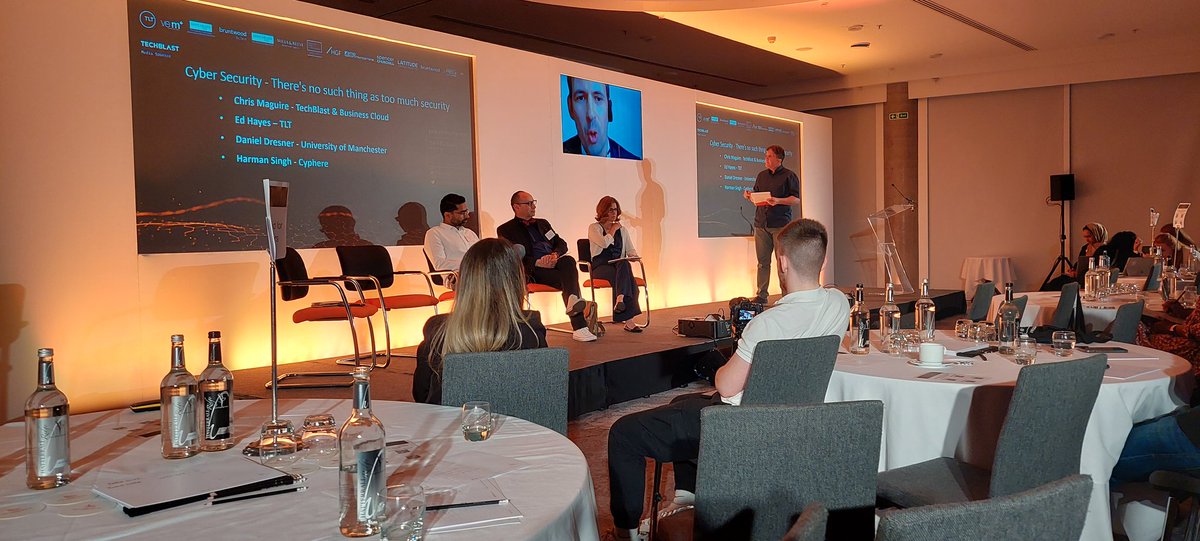 TechBlastUK's tweet photo. It's time for our #CyberSecurity panel at @promanchester's #TTech22.
@EdHayes_Law of @TLT_LLP - dialling in due to the train strike - says the human factor is the biggest threat.
People using #BYOD while #WFH is also a big risk https://t.co/FtWLzWZsn1