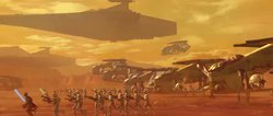 The Clone Wars began with the First Battle of Geonosis. Supported by the Republic Navy, the Grand Army of the Republic charged across the fields of Geonosis, serving under the Jedi Knights as they battled the Separatist Droid Army. 

#CloneWars