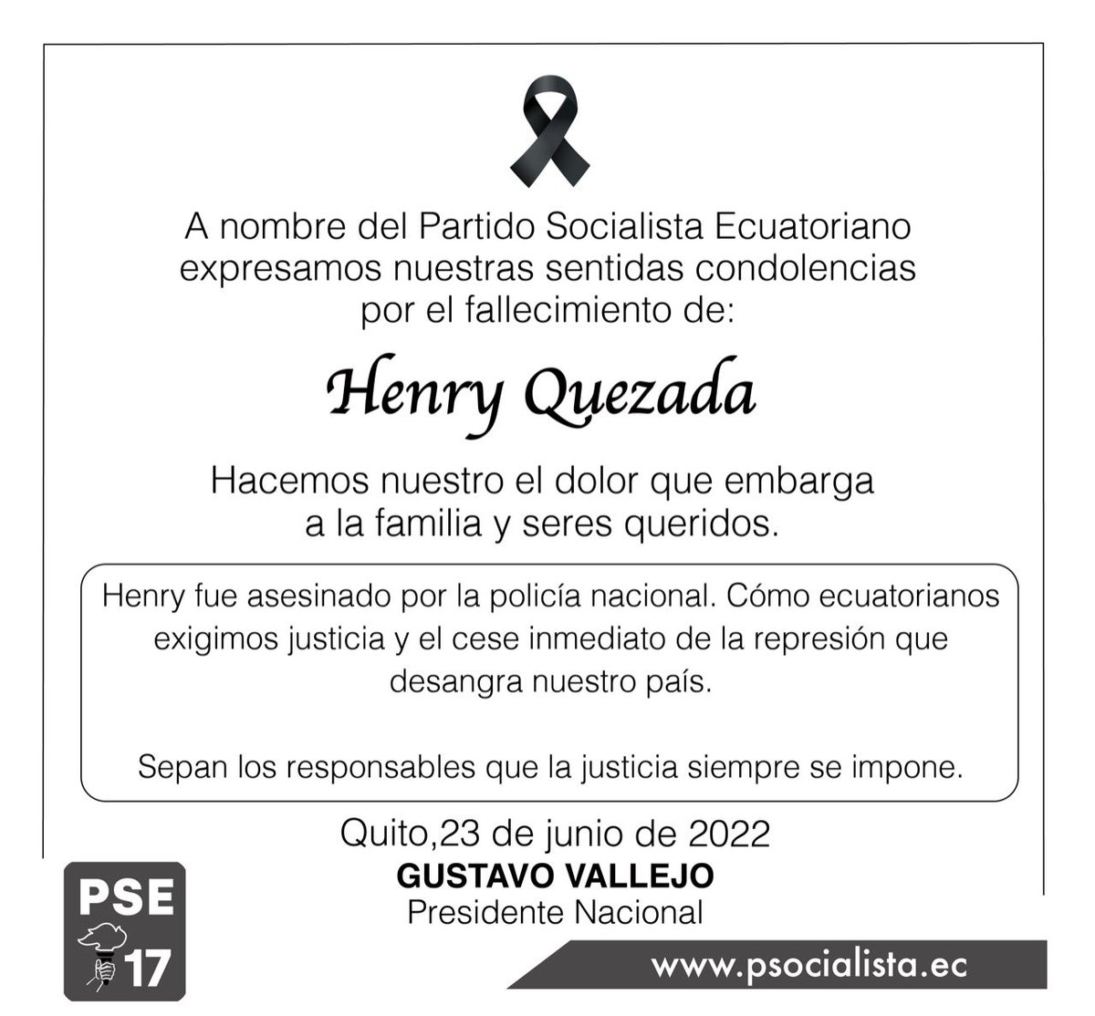 PSEcuatoriano's tweet photo. #Condolencias | 🕊 Expresamos nuestra solidaridad a todos sus familiares y allegados, por tan irreparable pérdida. 
Asesinado por la represión policial  durante el paro 2022
Como ecuatorianos exigimos justicia y el cese inmediato de la represión que desangra a nuestro país. https://t.co/dPMuOZSgYN