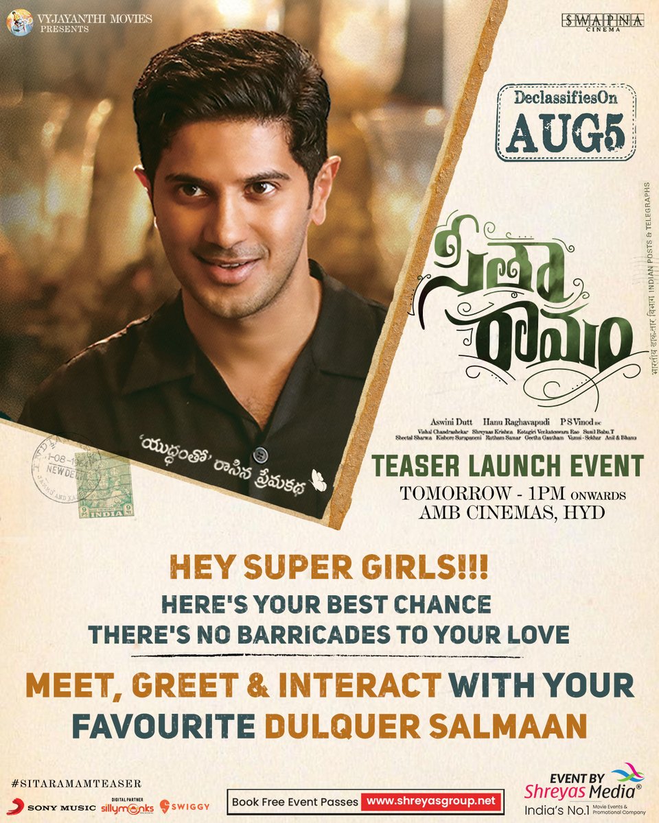 shreyasgroup's tweet photo. We know how much you love him 🤗
It's time he knows himself ♥️

Join the Teaser Launch Event of #SitaRamam, Tomorrow @ 1PM 💕

Click the below Link &amp; Register for Free.
🔗https://t.co/ljNc8G9Gkw

@dulQuer @VyjayanthiFilms @SwapnaCinema @SonyMusicSouth @shreyasgroup https://t.co/H4paPM5Nrr