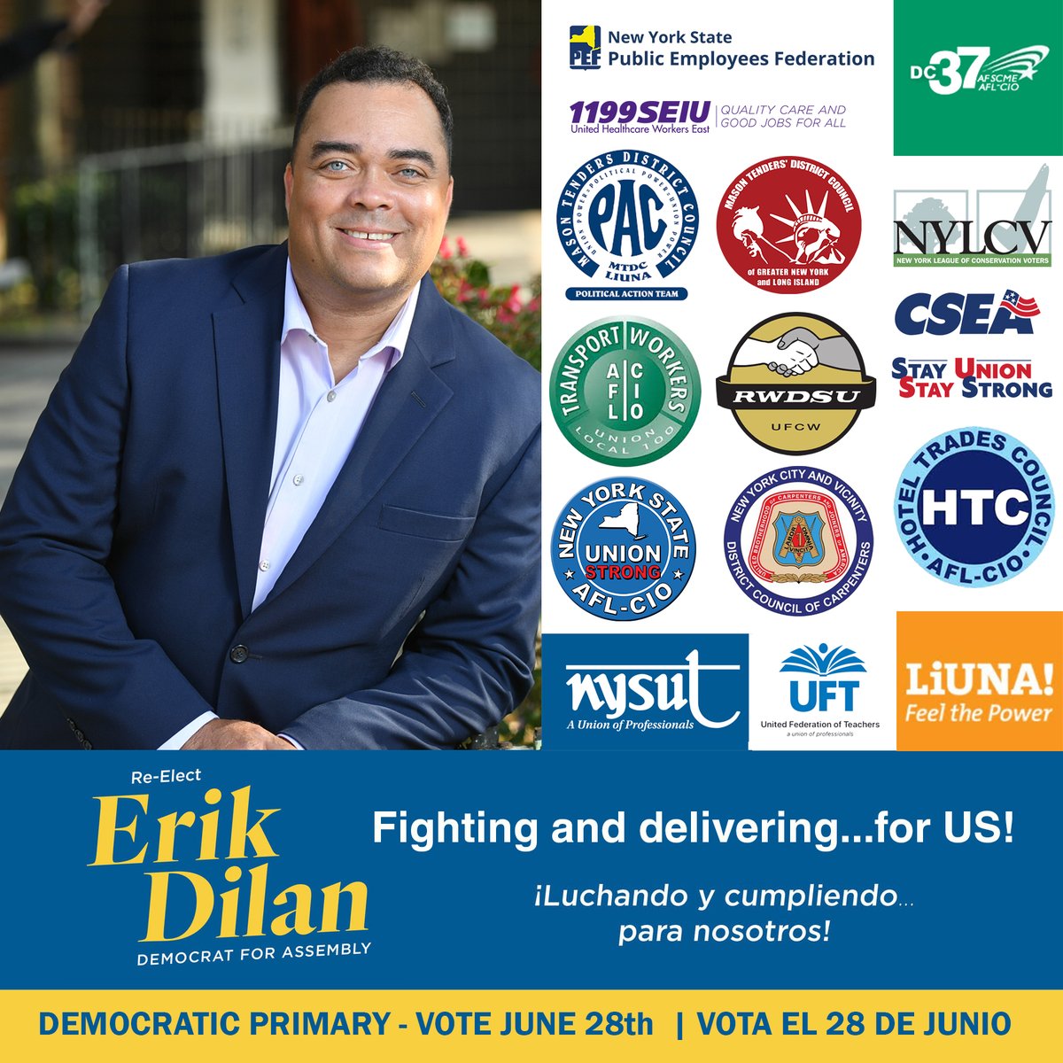 Assemblyman Erik Dilan - Fighting and Delivering for New York's Working Families. RE-ELECT ASSEMBLYMAN DILAN -Vote Tuesday, June 28, 2022. Find your pollsite here:findmypollsite.vote.nyc