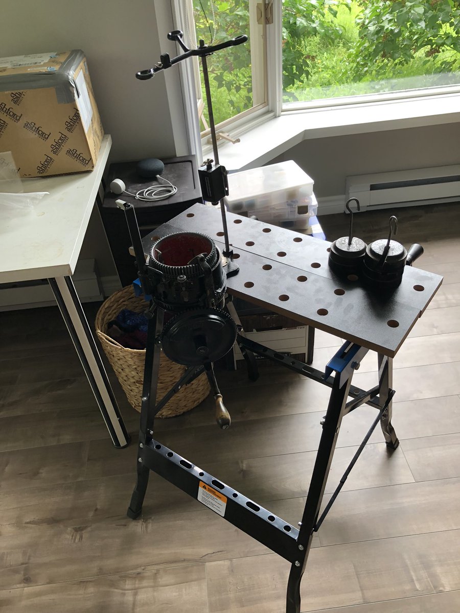 Stargrace's tweet photo. Circular sock knitting machine made the move (still need to put the needles back in) and is on her fancy new table instead of a precarious stool that had a tendency to tip (made in 1895, she’s solid and heavy)  #knitting #cskm https://t.co/JtIxLAL1h6
