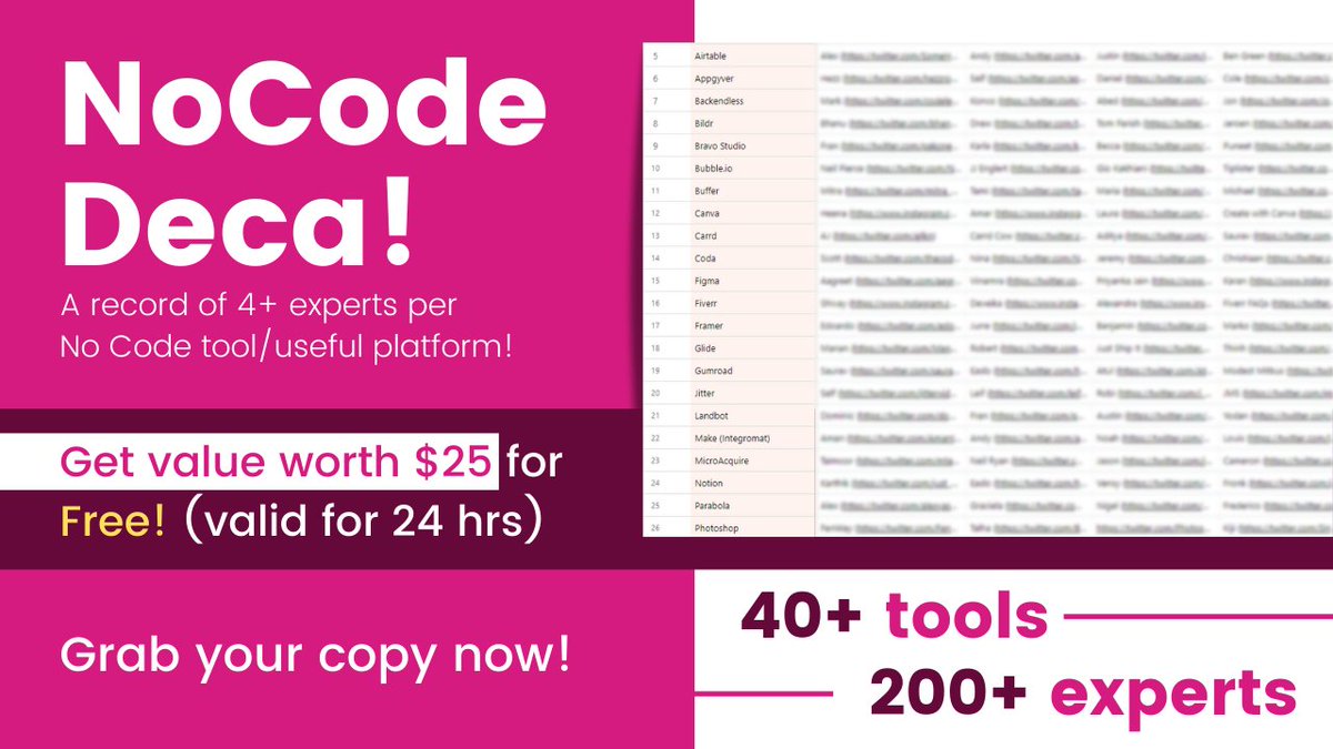 🚨Introducing NoCode Deca!

⚡️A repository of 40+ tools / 200+ experts! Where you can find 4+ experts per tool to interact/follow!

⏲️ After 40+ hours of work, I am so happy to launch this!

🎁 Grab your copy for free now! (Retweet and Follow and I'll DM you the copy!)

#NoCode