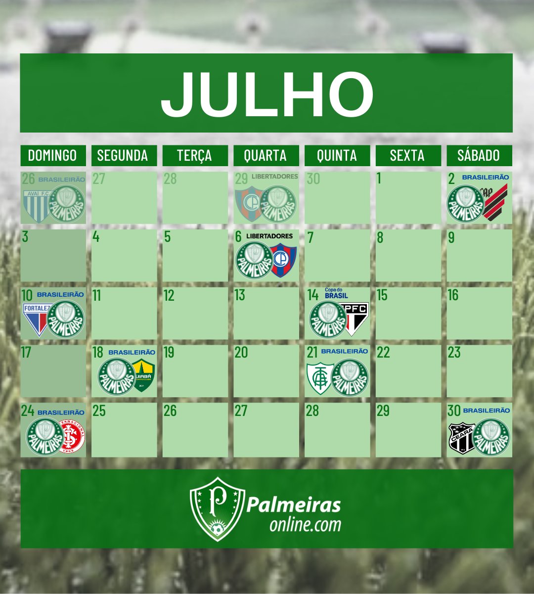 DiárioDODECA Palmeiras on X: O calendário do mês de junho de 2023 do  Palmeiras. O verdão terá quatro jogos em casa e dois fora. Data FIFA de 12  a 20/06.  /