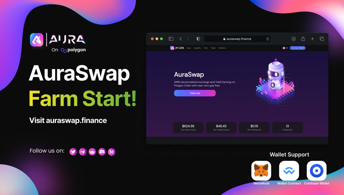 📢AuraSwap Yield Farming Live Now!

👉 auraswap.finance
Stake LP token and $AURA to earn $AURA

<a href="/0xPolygon/">Polygon</a> <a href="/0xPolygonNews/">0xpolylabs</a> #Polygon #DeFi #YieldFarming #DEX $MATIC $AURA