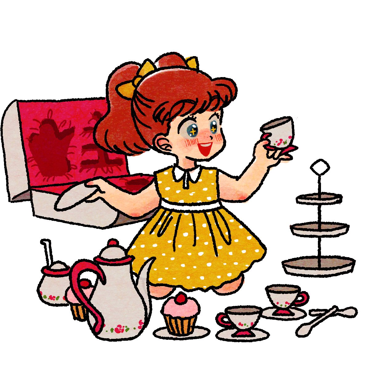 1girl dress teapot polka dot dress solo cup yellow dress  illustration images