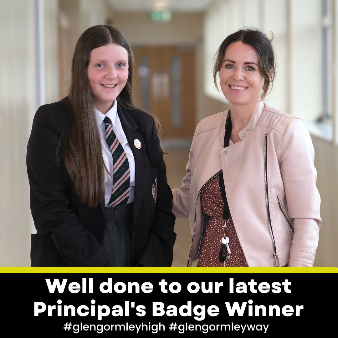 Well done to Rebecca Chambers on receiving a Principal's Badge this week, awarded for her fantastic contribution to school life. Mrs Clarke is delighted with the active role Rebecca has taken in school and she is a fantastic example of the Glengormley Way.