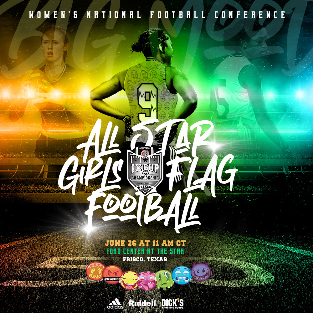 wnfcfootball's tweet photo. Come out to our 2nd annual Girls Flag All- Star Game and watch 50 of the top varsity girls flag football players in the country. The athletes will compete in a 5 on 5  game &amp; skills comp this Sunday at The Star starting at 11am! See you there? 

#WNFC #ShowUpForHER #IXCupWeekend https://t.co/ge19Iy2GJR