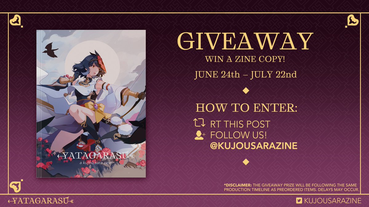 🏹 YATAGARASU: ZINE GIVEAWAY🏹 We will also be giving away a free copy of our zine! To enter our giveaway, see below for instructions. How to Enter: ➤ RT this giveaway post ➤ Follow @kujousarazine 📅Giveaway Period: June 24-July 22 🛒 yatagarasu.bigcartel.com
