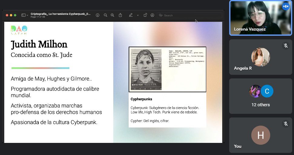 herdaolatam's tweet photo. 💜✨ Ayer tuvimos en #PowerNights a @LoreTechX en donde nos platico sobre la Criptografía:La herramienta de los Cypherpunks
Quedamos así o__o
Y más al saber de la maravillosa participación de Judith Milhon ✨
¡Muchas gracias por acompañarnos y por tu increíble ponencia Lore! https://t.co/GHl4R1RoYP