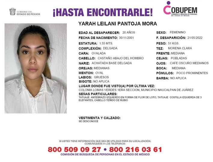 Solicitamos de tu apoyo en la difusión del siguiente boletín para dar pronta localización a Yarah Leilani Pantoja Mora, comunícate a los teléfonos de COBUPEM 800 216 0361, 800 509 0927. #TodosEnLaBúsqueda