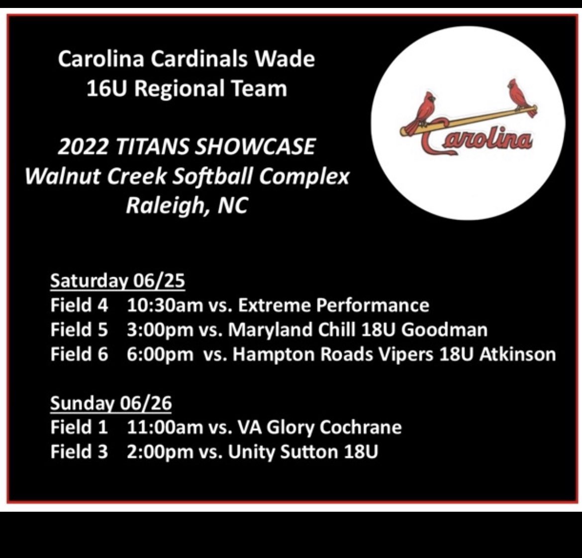 Our schedule this weekend!! <a href="/CardinalsWade/">Carolina Cardinals Wade</a> <a href="/barton_softball/">Barton College Softball</a> <a href="/JuniorBailey/">Junior Bailey</a> <a href="/MUMonarchsSB/">Methodist University Softball</a> <a href="/_Coach_Alex_/">Alex Allaman</a> <a href="/WPeaceU/">William Peace Univ.</a>