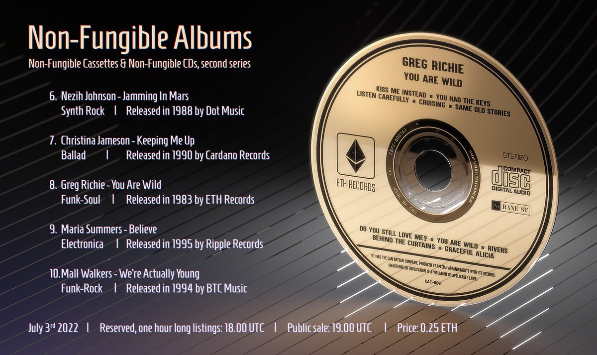 Non-Fungible Cassettes and Non-Fungible CDs’ second series will launch on July 3rd 💎

The second series' music, visual arts and more in the following tweets ▶️