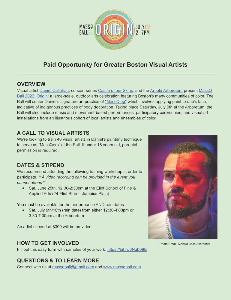 massqball's tweet image. We’re hiring and training (paying!) visual artists to serve as “MassQers” for the July 9th MassQ Ball! Last training session is tomorrow, Saturday June 25th from 12:30-2:30 at @eliotschool in #JamaicaPlain 

Sign up and learn more: Bit.ly/3Nab09E