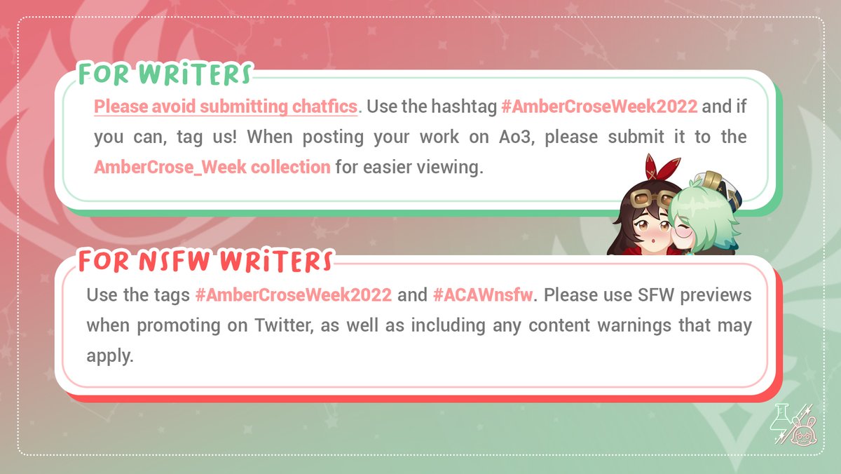ambercroseweek's tweet photo. Writer Guidelines 📖

Here is the link to our Ao3 collection: https://t.co/3AOv0COJ4J https://t.co/02iI9bZs1L