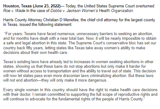 WileyPostKHOU's tweet photo. #NEW: Statement from @HarrisCountyAO Christian Menefee.

'The Supreme Court's conservative bloc has set our country back 50 years.' 

@KHOU https://t.co/h9REXIDvMh