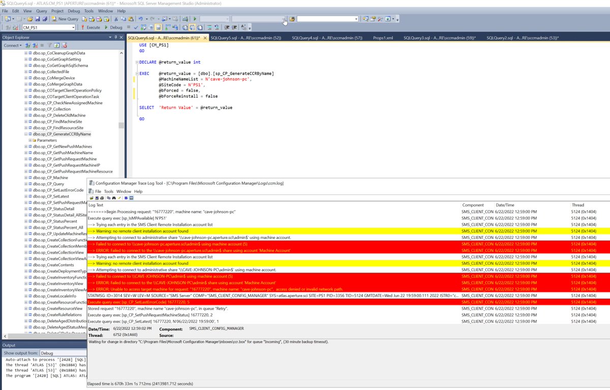 Another method to coerce NTLM auth from SCCM: with access to a site's MSSQL database, the sp_CP_GenerateCCRByName stored procedure can be used to force the site's client installation account(s) and machine account to authenticate to the ADMIN$ share on a specified machine.