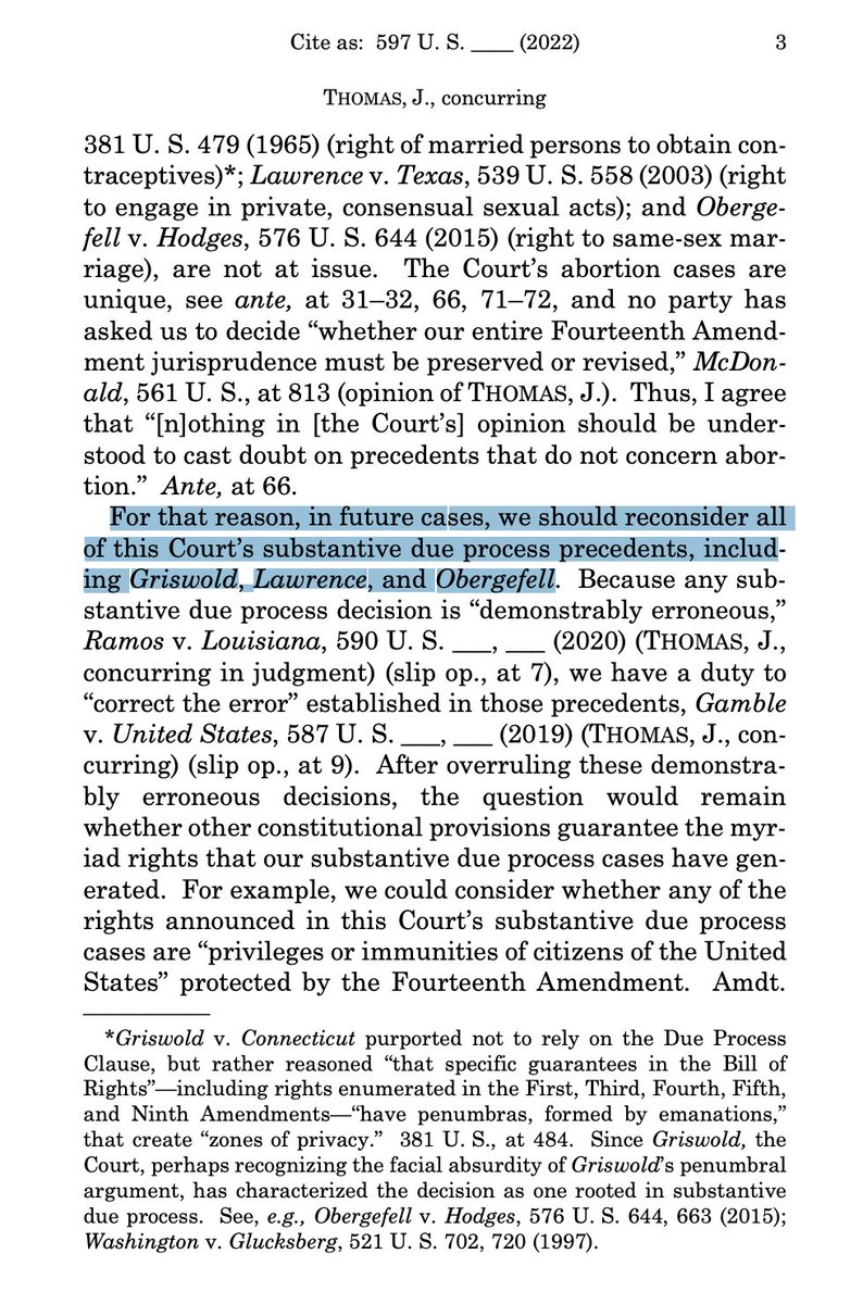 In a solo concurring opinion, Thomas says the court should reconsider rulings that protect contraception, same-sex relationships, and same-sex marriage.