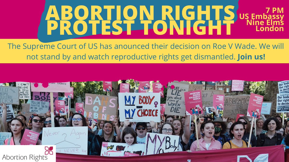 #BreakingNews
The US Supreme Court has announced it's overturning #RoeVsWade

This ends 50 years of legal right to abortion in US &amp; will have a devastating effect

We stand in solidarity with fight to defend #AbortionRights in US
Join our London protest at US Embassy 7pm tonight