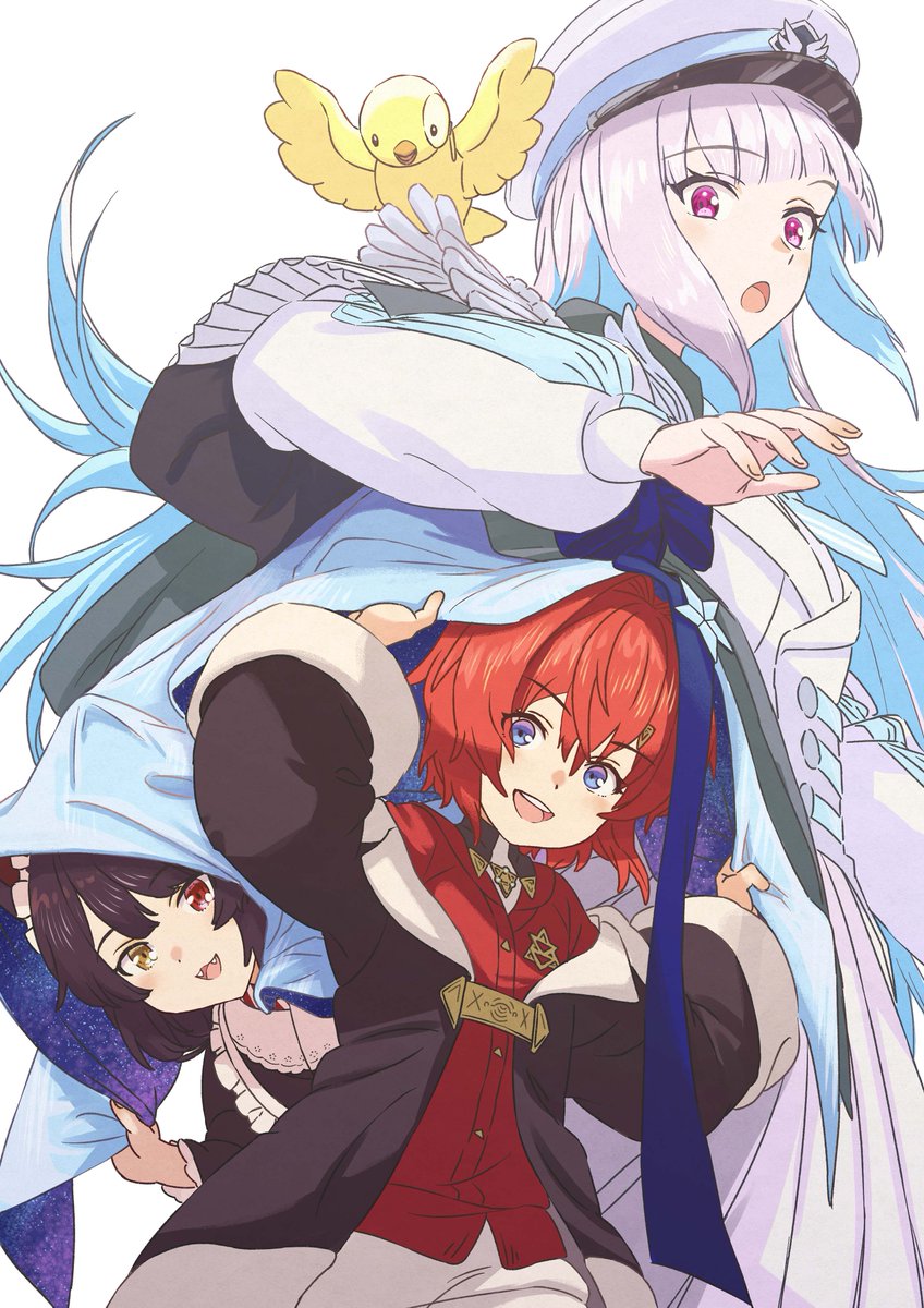 ange katrina ,inui toko ,lize helesta 3girls multiple girls heterochromia red hair bird blue hair red eyes  illustration images