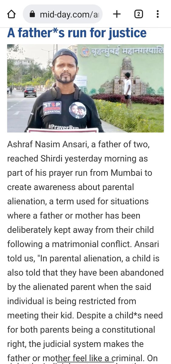 Thank u @mid_day 4 publishing this story of a father who has done 236 km #PrayerRun from Mumbai to #shirdisaibaba to create Awareness on #ParentalAlienation on the Ocassion of #FathersDay Every Child must get 100% Access to both their Parent. Father & Child Bond is Unbreakable