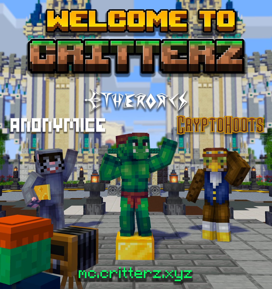 CritterzMC's tweet photo. 🎉We’re really proud to officially integrate @Cryptohoots @EtherOrcs @Anonymice into our Minecraft Metaverse
This release will be accompanied by a server-wide party taking place on Saturday 25th at 7PM PST in Cryptohoot's plot! Hosted by @RegalBeagleNFT 
👋Hope to see you there! https://t.co/Zjf8JU4c5W