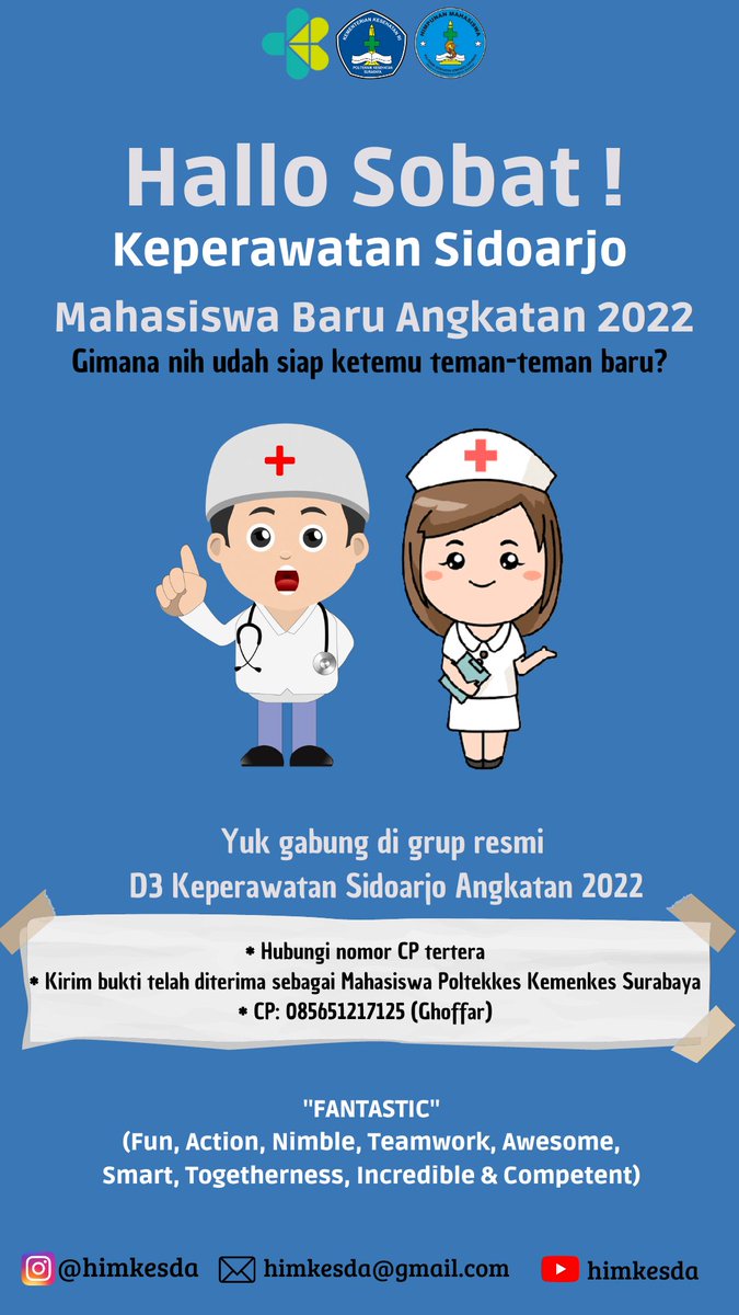 himkesda's tweet photo. [WARNING]
SELAMAT DATANG MAHASISWA BARU TAHUN 2022
+
Hai, siap menjadi the next generation Perawatan Indonesia
Find us on🔮
IG :  @himkesda
tiktok: himkesda1
YouTube: Prodi D3 Keperawatan Sidoarjo
Email: himkesda@gmail.com/
himkesda@yahoo.com
#PKKMB2022
#FANTASTIC2022
#POLTEKKES https://t.co/HcwXucPBKI