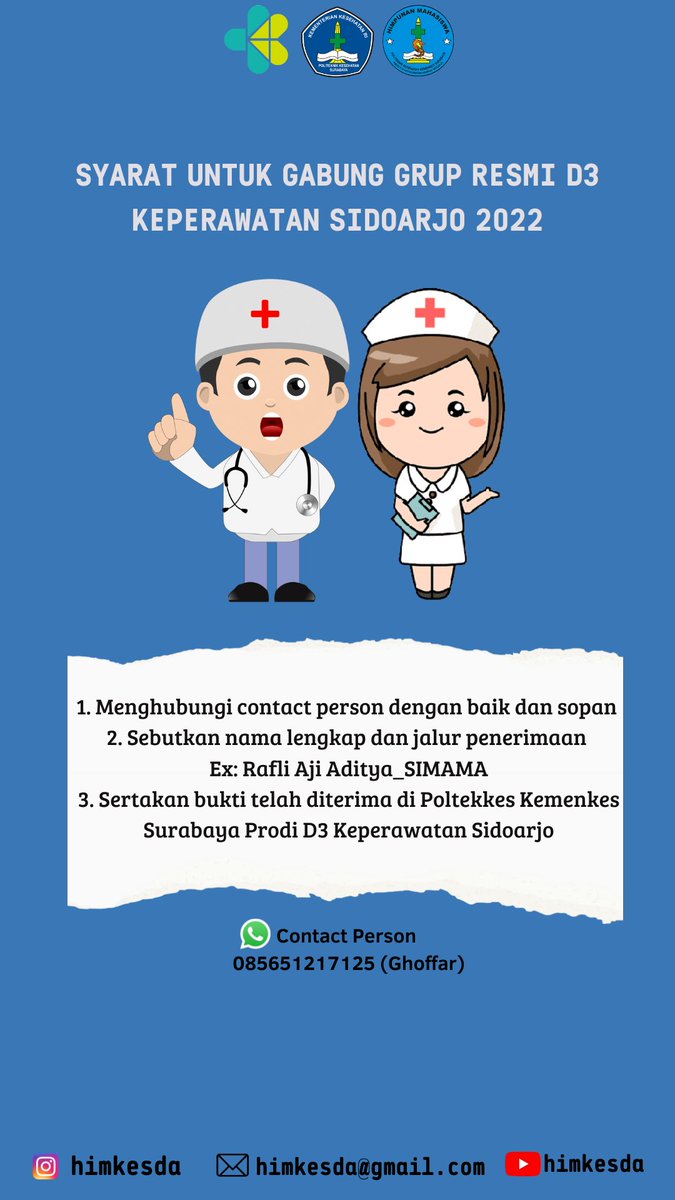 himkesda's tweet photo. [WARNING]
SELAMAT DATANG MAHASISWA BARU TAHUN 2022
+
Hai, siap menjadi the next generation Perawatan Indonesia
Find us on🔮
IG :  @himkesda
tiktok: himkesda1
YouTube: Prodi D3 Keperawatan Sidoarjo
Email: himkesda@gmail.com/
himkesda@yahoo.com
#PKKMB2022
#FANTASTIC2022
#POLTEKKES https://t.co/HcwXucPBKI
