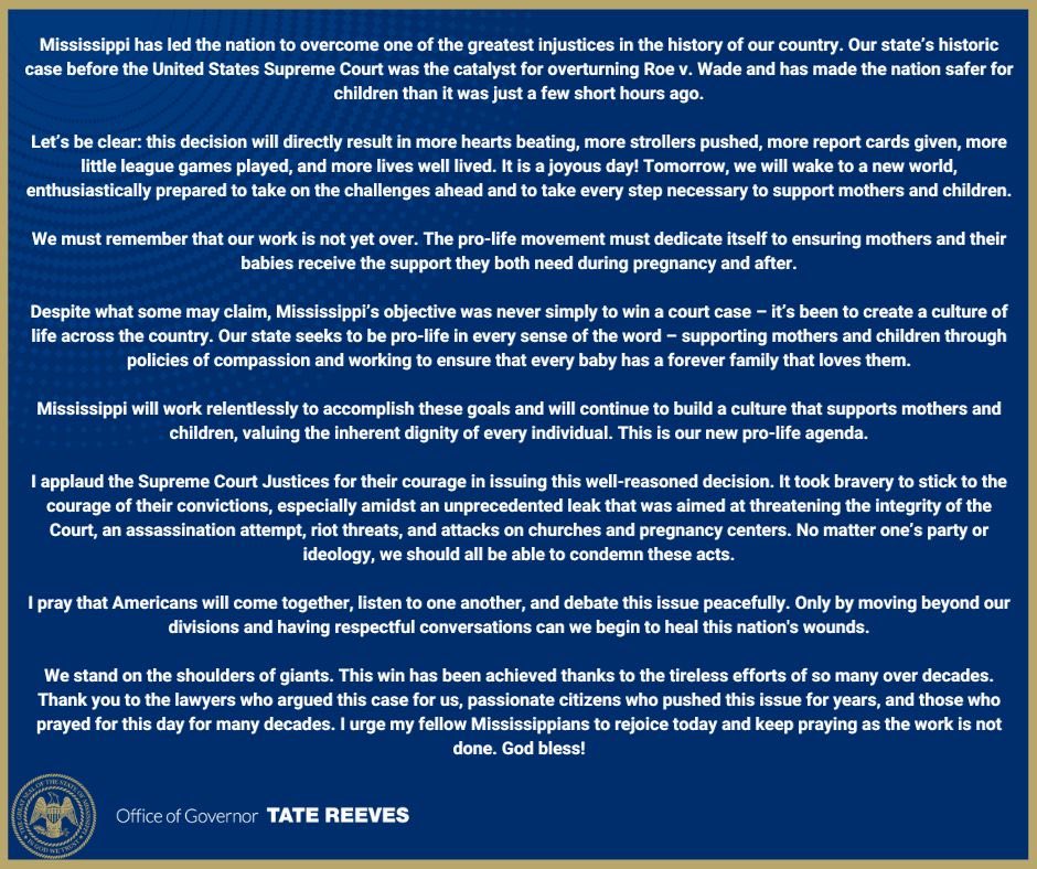 tatereeves's tweet image. This is a joyous day!

Read my statement on the landmark Mississippi Dobbs case that overturned Roe v. Wade.