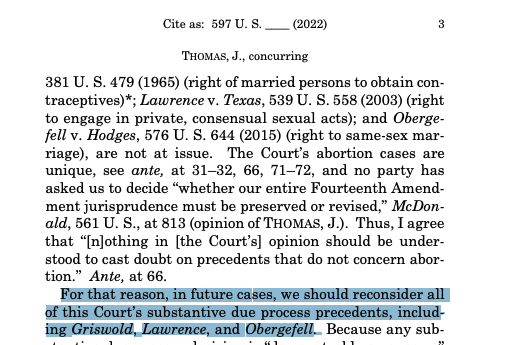 Justice Thomas calls on SCOUS to overrule Griswold (right to contraception); Lawrence (invalidating anti-sodomy laws); Obergefell (marriage equality)
