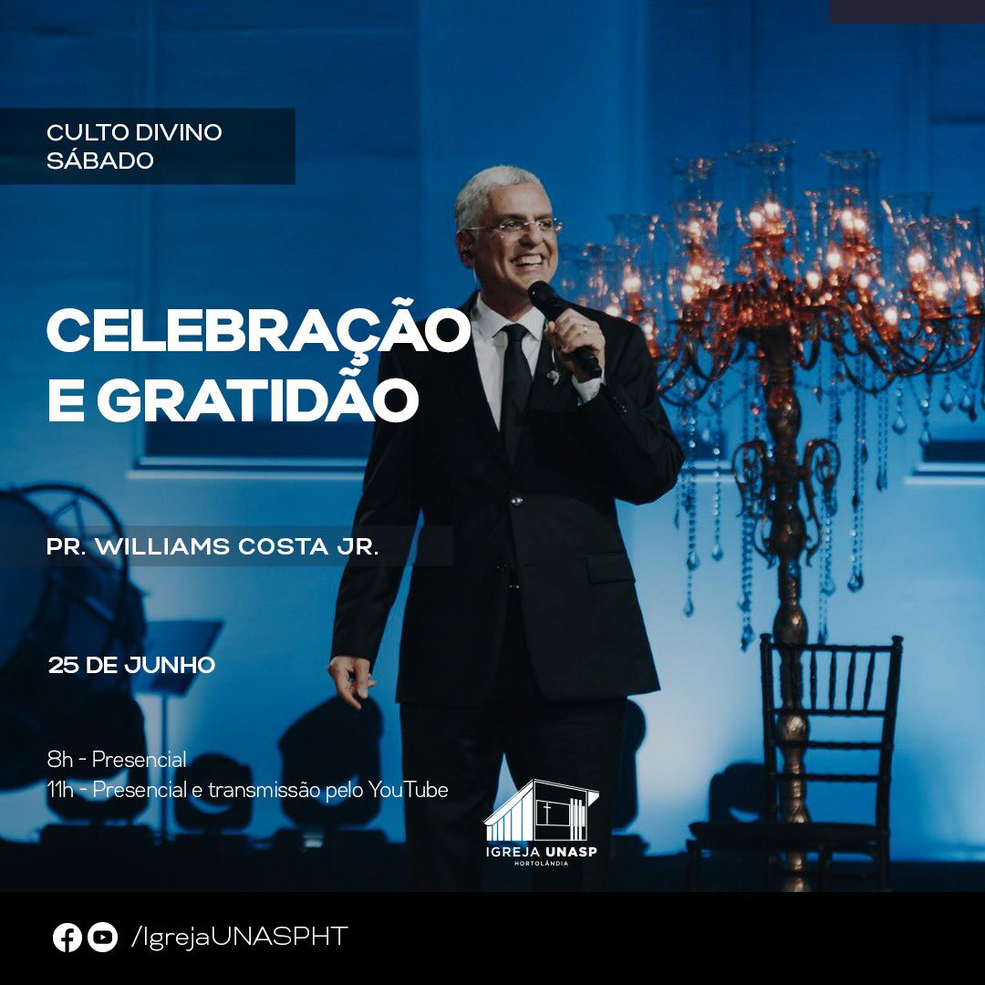 IgrejaUnaspHT's tweet photo. *Culto Divino* *ESPECIAL EX-ALUNO*

Os nossos cultos serão ministrados pelo  _*Pr. WILLIAMS COSTA JR*_ com o sermão intitulado: _Celebração e Gratidão_

8h - Presencial
11h -Presencial e também será transmitido pelo Youtube https://t.co/KmC7cDadiJ