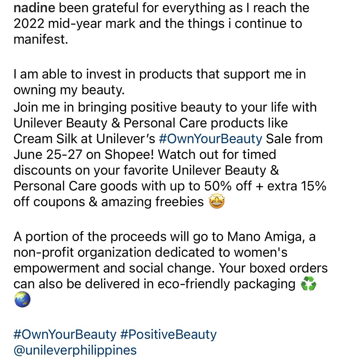 x01_mer's tweet photo. been grateful for everything as I reach the 2022 mid-year mark and the things i continue to manifest.
I am able to invest in products that support me in owning my beauty.
#OwnYourBeauty #PositiveBeauty @unileverphilippines #nadinelustre 📷nadine’s IG update (6/24/2022) https://t.co/TKGhzruN0k