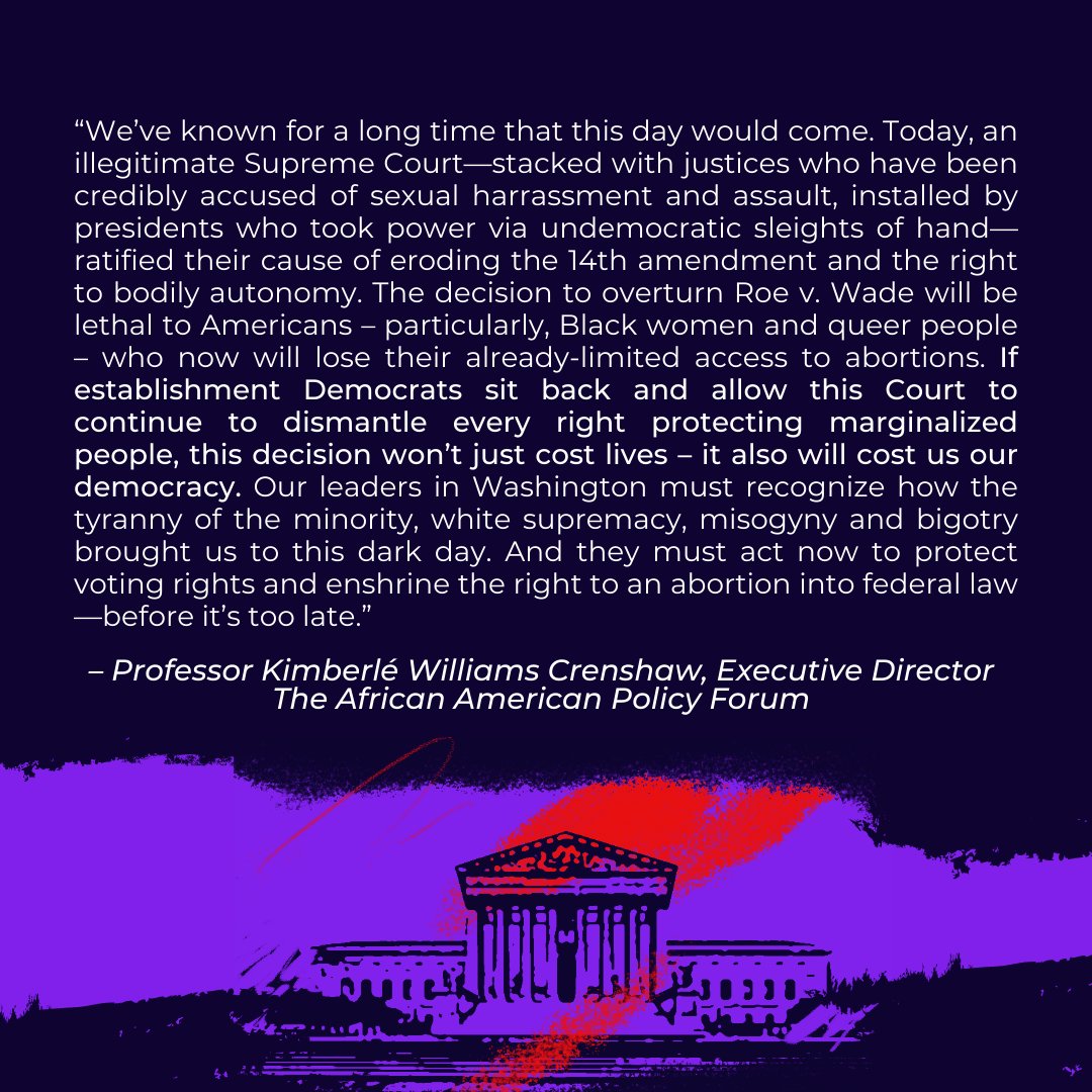 No unelected body should have the power to strip people of their human right to autonomy, especially an institution as plagued by controversy, illegitimacy, and naked partisanship as the United States Supreme Court. <a href="/sandylocks/">Kimberlé Crenshaw</a> on #DobbsVJWHO #RoeVWade #LiberateAbortion